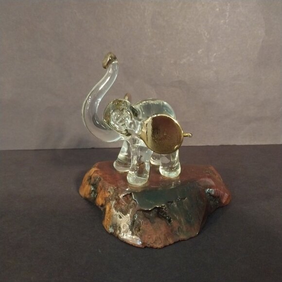 Glass Elephant Hand Blown Trunk Up Figurine Burl Wood Base Gold Ears - Picture 3 of 8